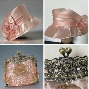 Roaman’s Dressy Pink Hat with Floral Accents & Evening Bag w/Beads & Pearls Set